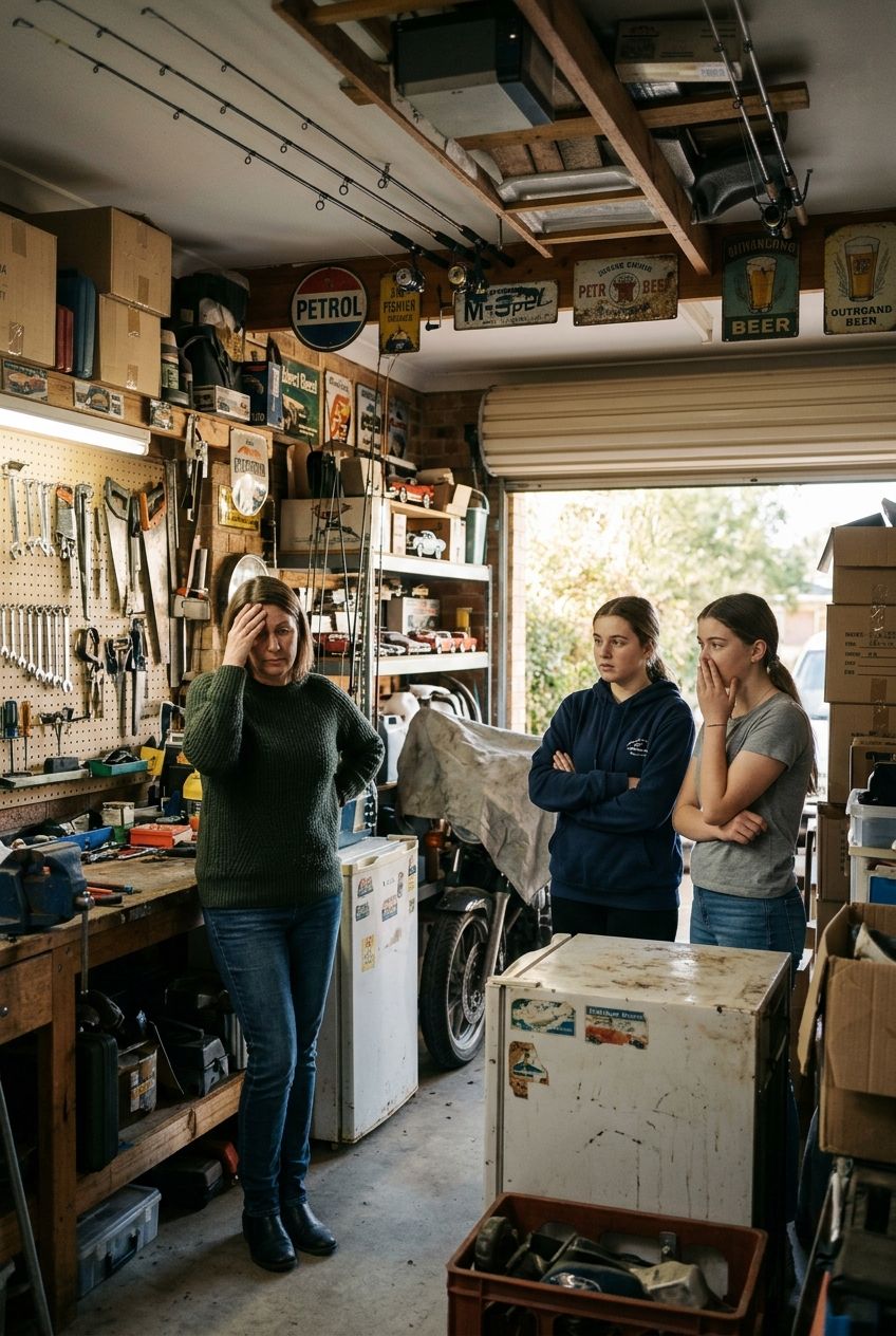 A mother and her two teenage daughters standing in a garage man cave packed with belongings, looking overwhelmed
